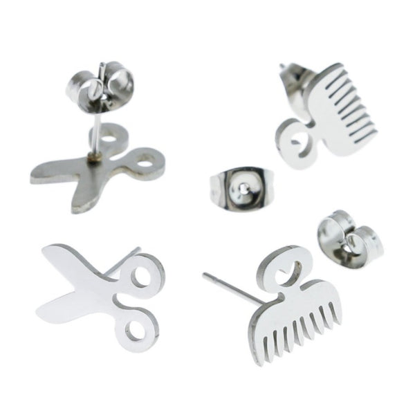 Stainless Steel Earrings - Hair Comb and Scissor Studs - 10mm x 9mm - 2 Pieces 1 Pair - ER368