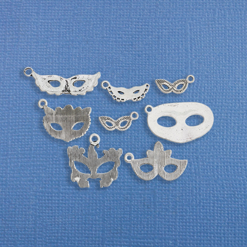 Mask Charm Collection Antique Silver Tone 8 Different Charms - COL201