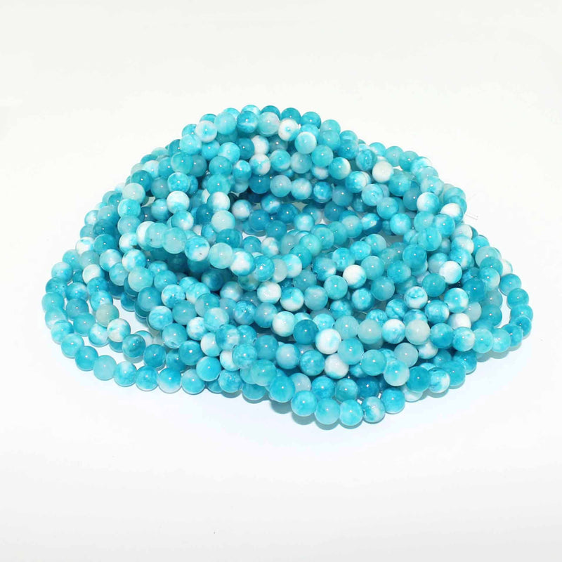 Perles rondes en jade naturel 6 mm - Bleu ciel et blanc - 1 rang 66 perles - BD982