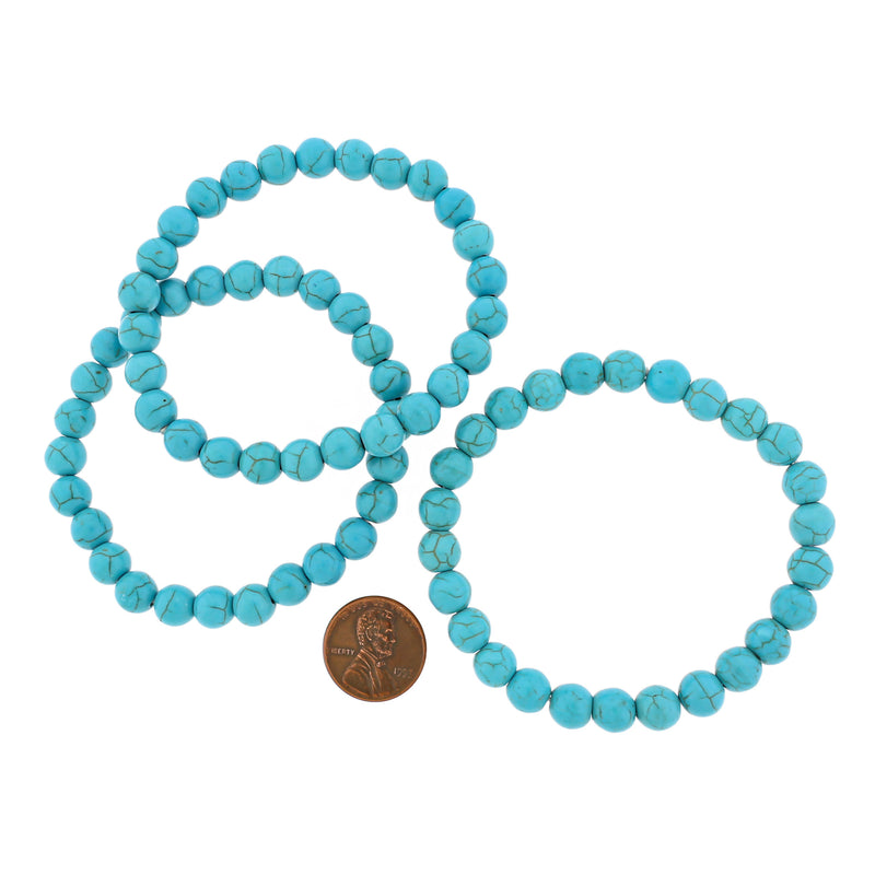 Round Howlite Bead Bracelet - 8mm / 61mm - Turquoise or Red - 1 Bracelet