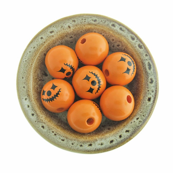 Spacer Wooden Beads 25mm - Orange Jack-O-Lantern - 10 Beads - BD834