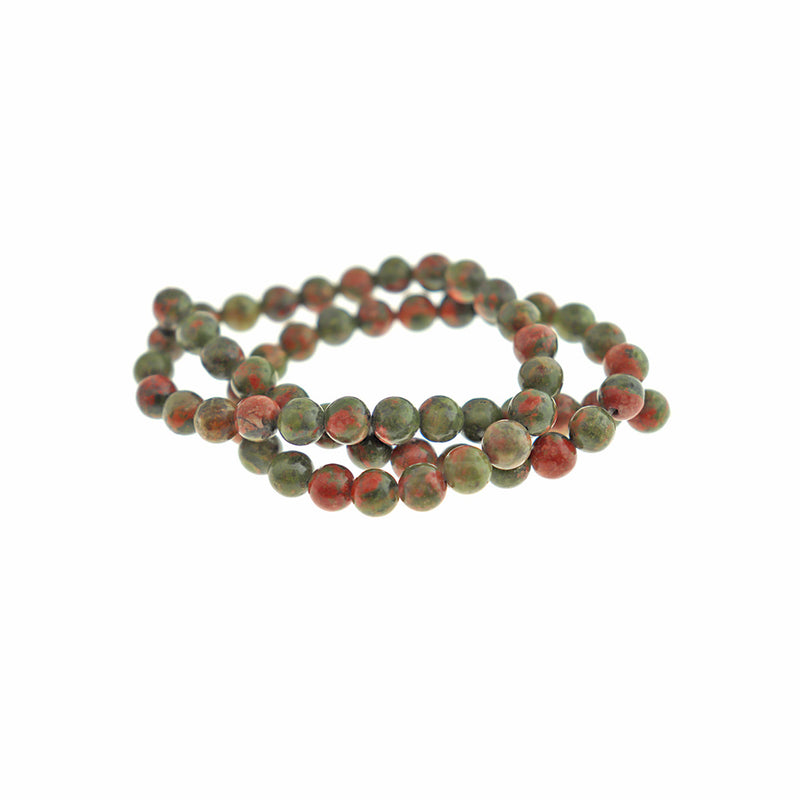 Perles Unakite Naturelles Rondes 6mm - Rose Corail et Vert Olive - 1 Rang 61 Perles - BD1689