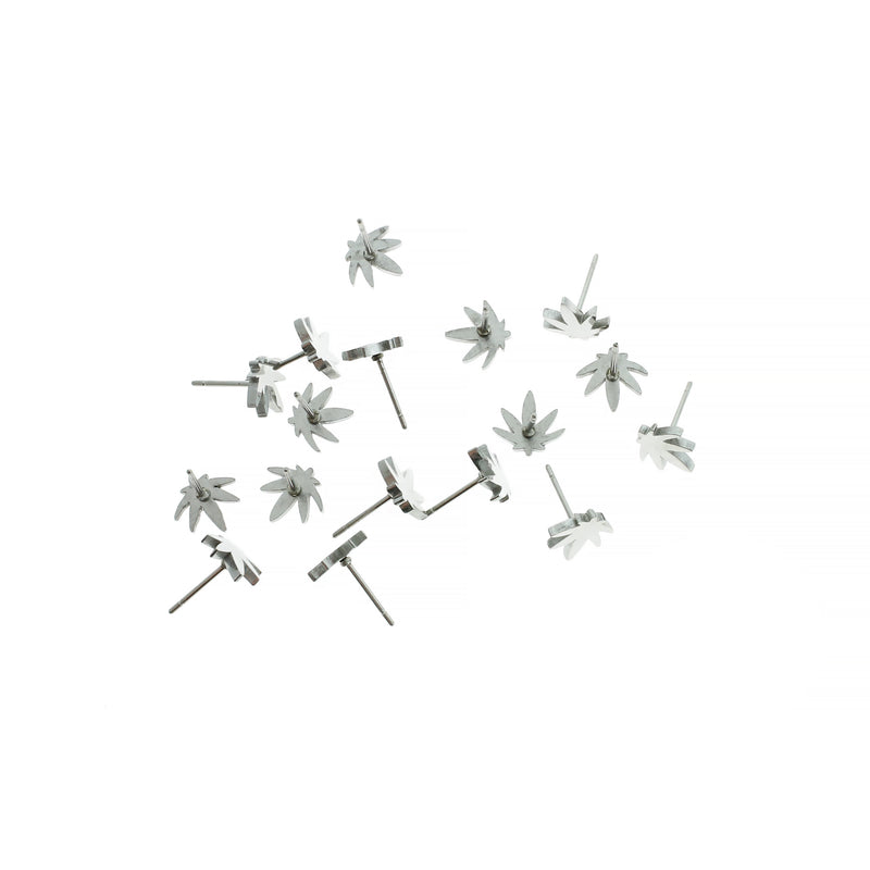 Weed Leaf Stainless Steel Earring Studs - 8.5mm - 2 Pieces 1 Pair - Z155