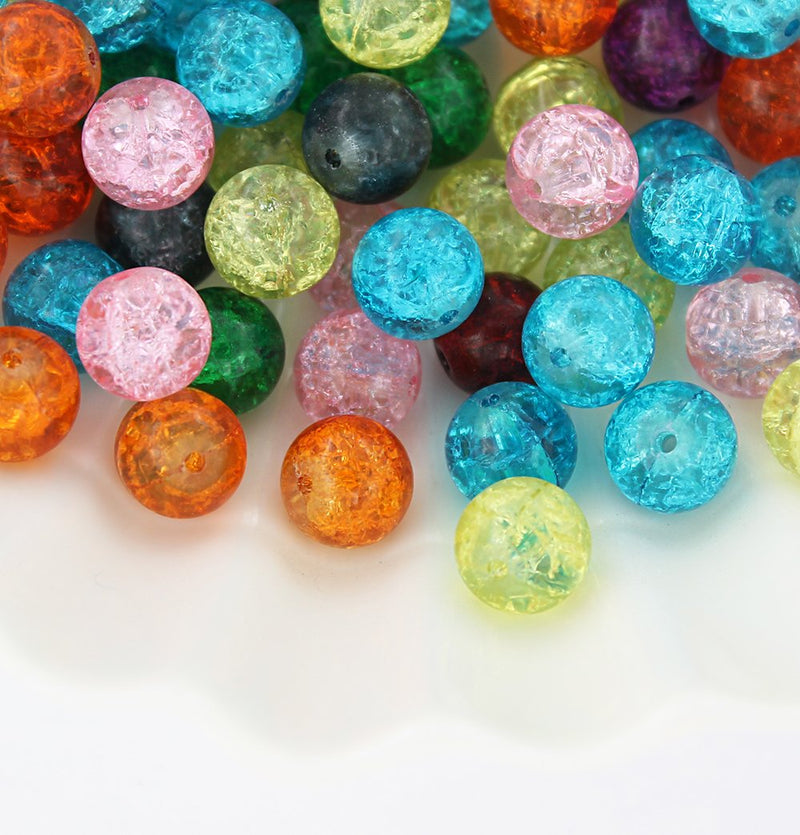 Round Glass Beads 10mm - Assorted Rainbow Crackle - 100 Beads - BD086