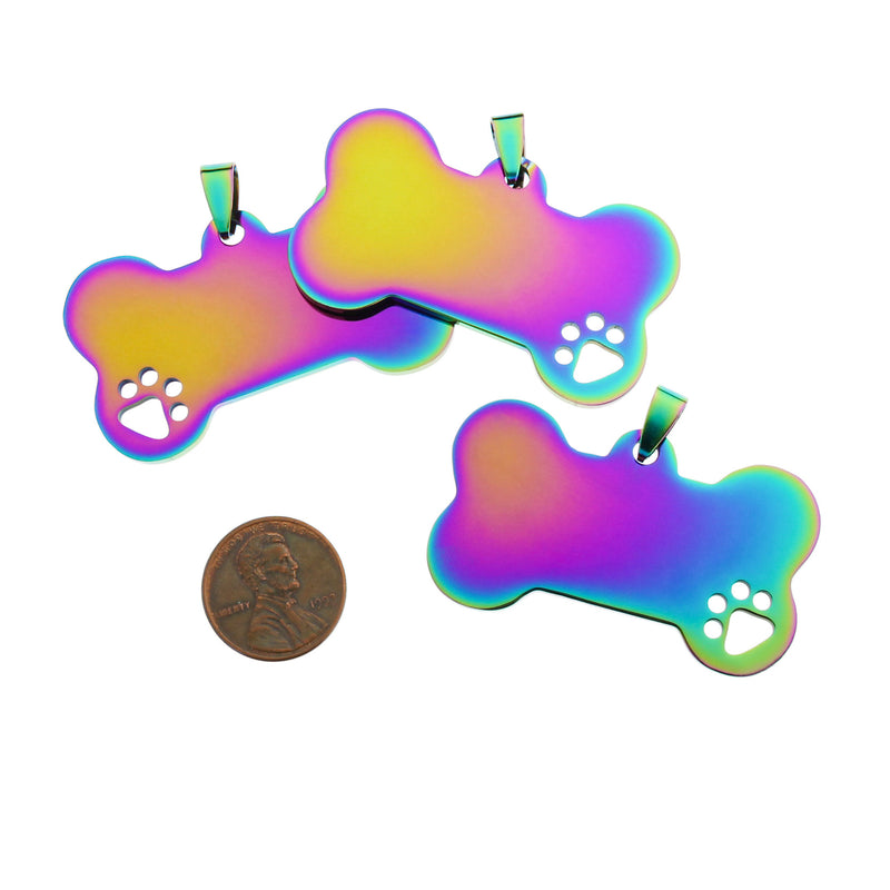 Dog Bone Tag Stamping Blank - Rainbow Electroplated Stainless Steel - 40mm x 21mm - 1 Tag - MT066