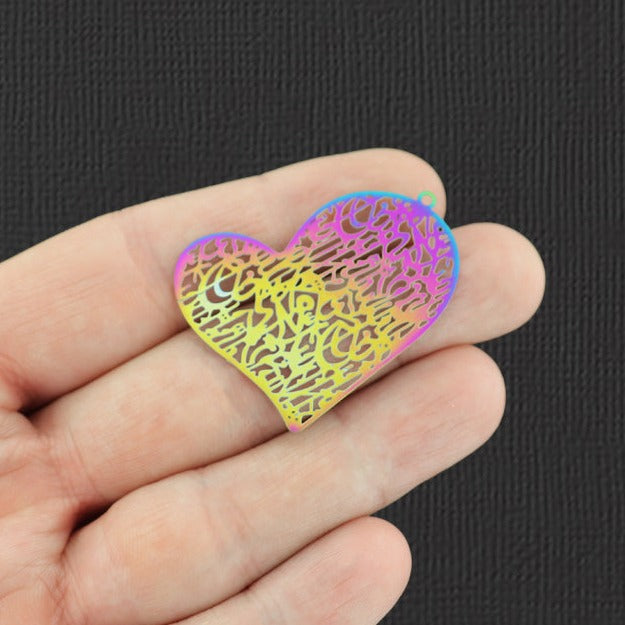 4 Lace Heart Rainbow Electroplated Stainless Steel Charms 2 Sided - SSP206