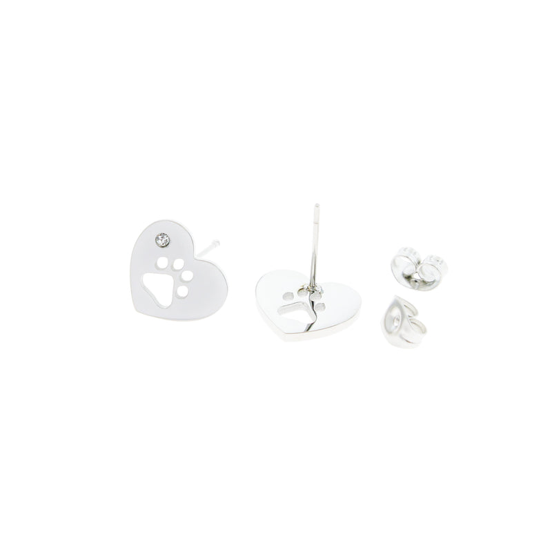 Boucles d'Oreilles en Acier Inoxydable - Goujons Strass Coeur Empreinte de Patte - 12mm x 10mm - 2 Pièces 1 Paire - ER009