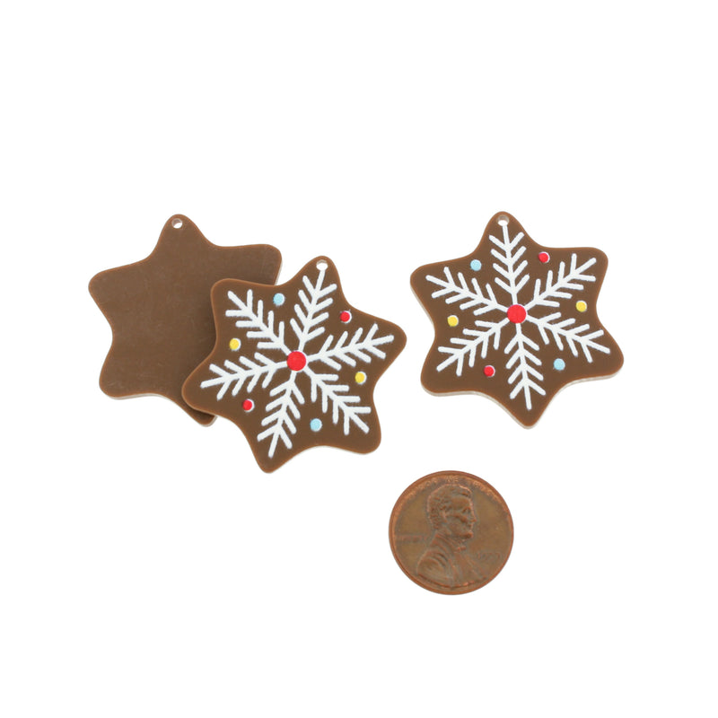 2 Gingerbread Snowflake Painted Resin Charms - K194