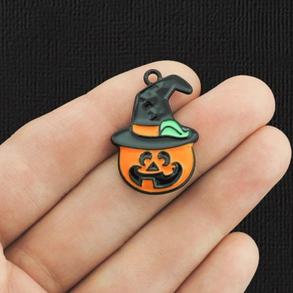 4 Pumpkin Black Enamel Charms - E1139