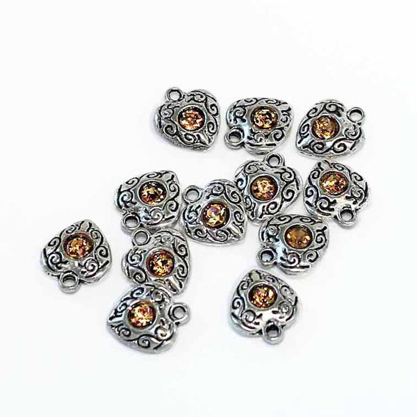 6 Heart Antique Silver Tone Charms With Inset Rhinestone - SC4410