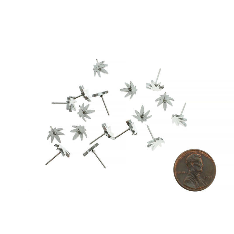 Weed Leaf Stainless Steel Earring Studs - 8.5mm - 2 Pieces 1 Pair - Z155