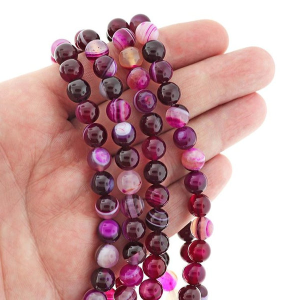 Perles Rondes Agate Naturelle 8mm - Fuchsia - 1 Rang 43 Perles - BD2467