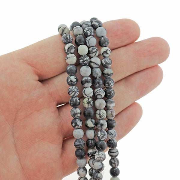 Perles Rondes en Netstone Naturel 6mm - Marbre Noir &amp; Gris - 1 Rang 63 Perles - BD168