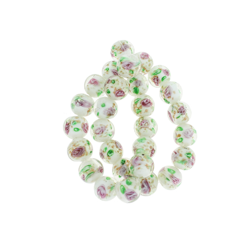 Perles de Verre Rondes 12mm - Lampwork Rose Floral - 5 Perles - BD594