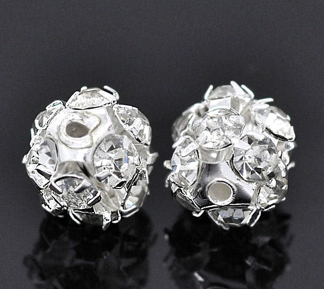 Round Rhinestone Spacer Beads 8mm - Silver Tone - 4 Beads- SC1773