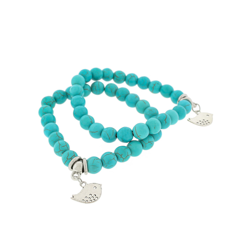 Bracelet Perle Howlite Bleue Ronde 50mm - Turquoise avec Charme - 1 Bracelet - BB222