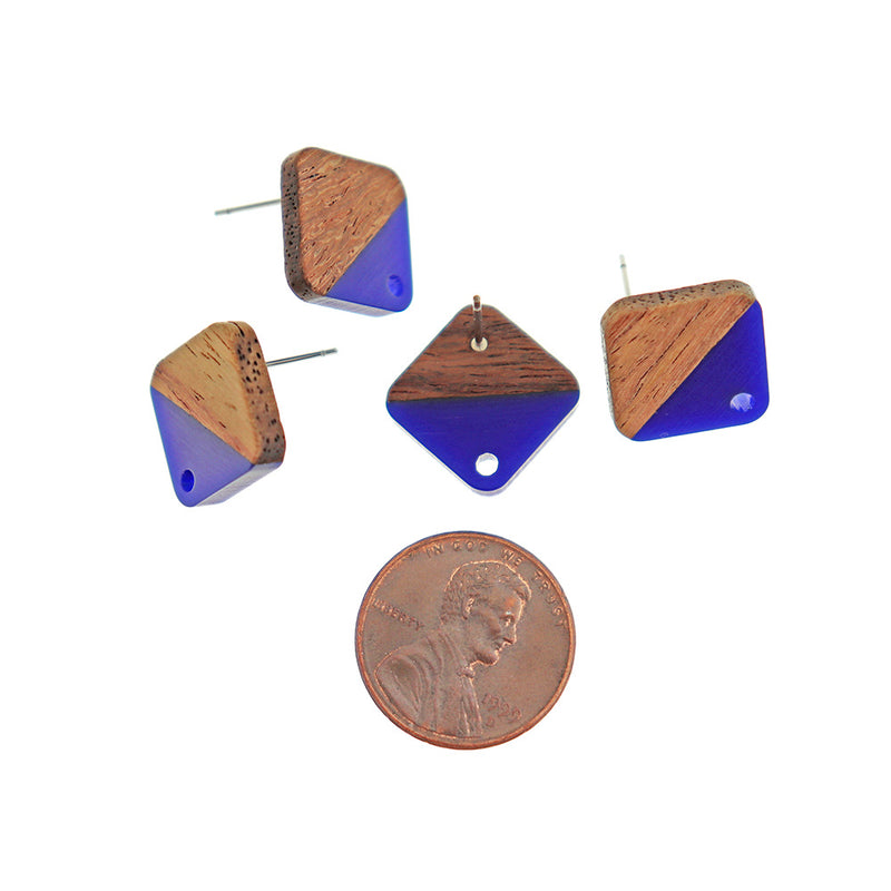 Wood Stainless Steel Earrings - Resin Rhombus Studs - 1 Pair - Choose Your Color!