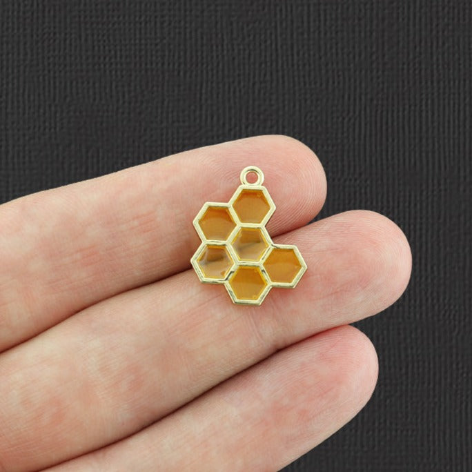 4 Honeycomb Gold Tone Enamel Charms 2 Sided - E1046