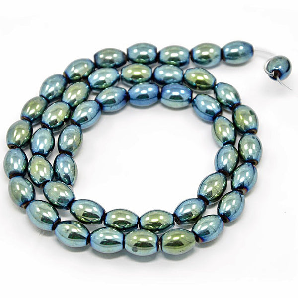 Perles d'hématite ovales 6,5 mm x 7,5 mm - bleu vert galvanisé - 1 brin 46 perles - BD725