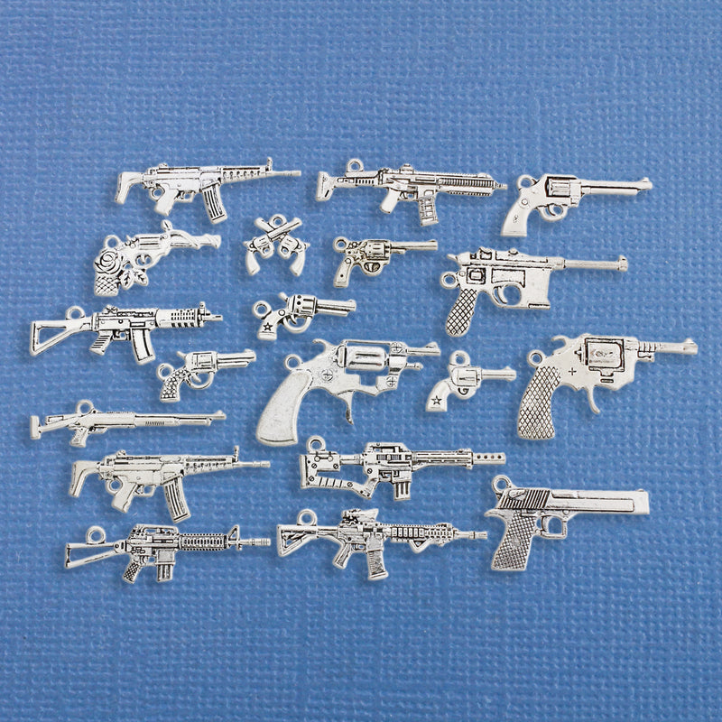 Deluxe Gun Charm Collection Antique Silver Tone 18 Different Charms - COL331