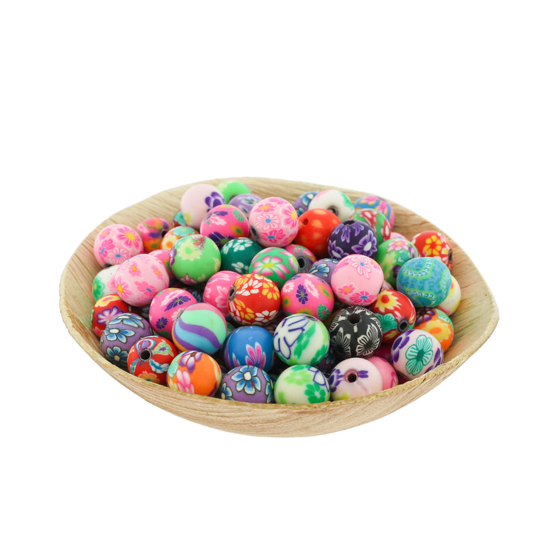 Round Polymer Clay Beads 10mm - Assorted Floral - 25 Beads - BD254