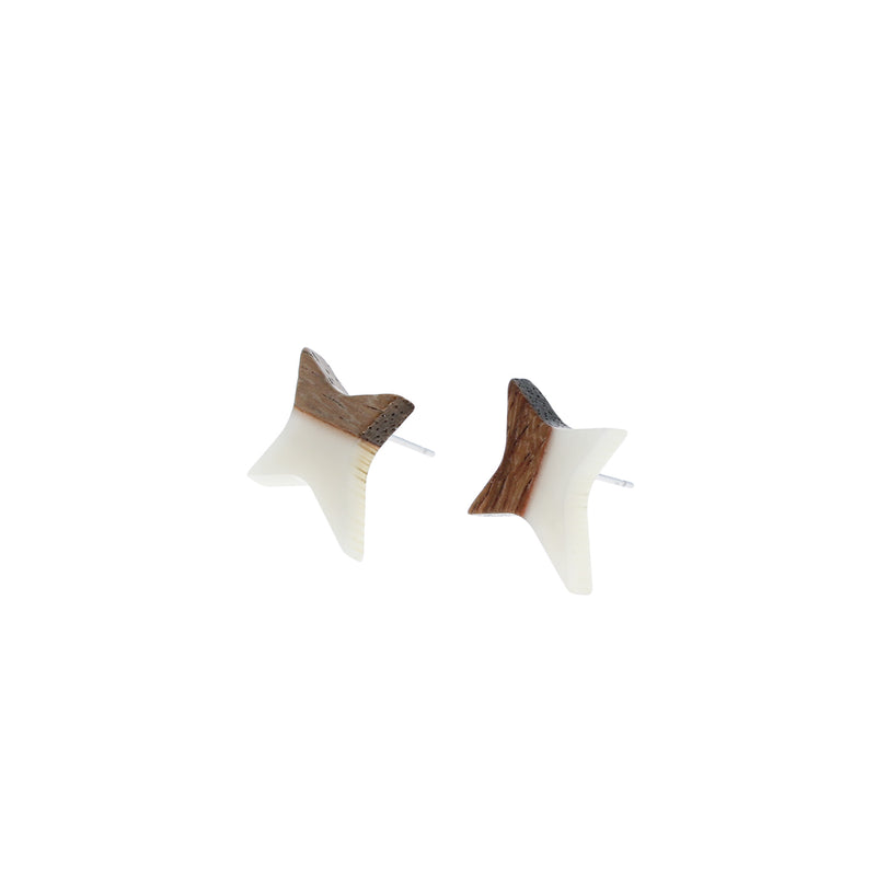 Wood Stainless Steel Earrings - White Resin Star Studs - 21mm x 17mm - 2 Pieces 1 Pair - ER092