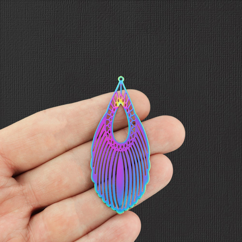 2 Filigree Feather Rainbow Electroplated Enamel Charms - E261