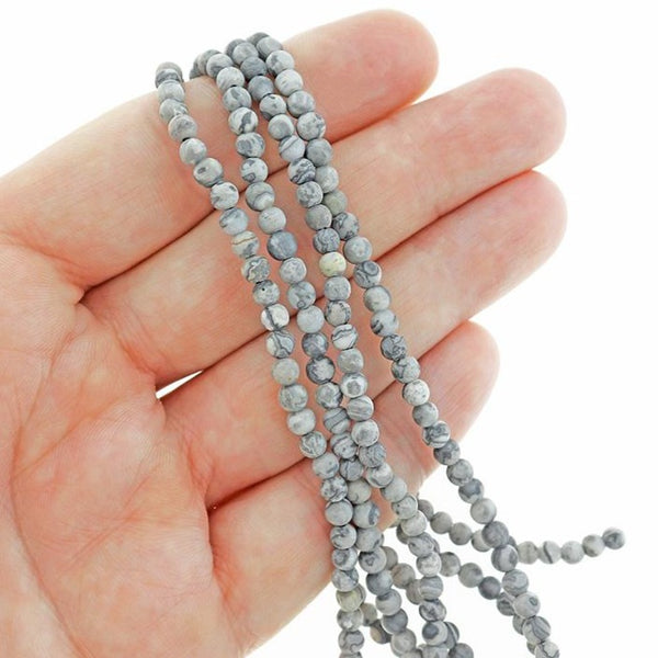 Perles rondes en jaspe naturel Picasso 4 mm - Gris orageux givré - 1 brin 95 perles - BD2452