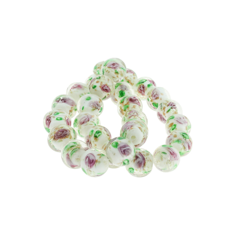 Perles de Verre Rondes 12mm - Lampwork Rose Floral - 5 Perles - BD594