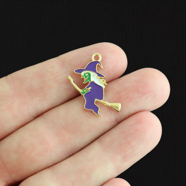 4 Halloween Witch Gold Tone Enamel Charms - E218