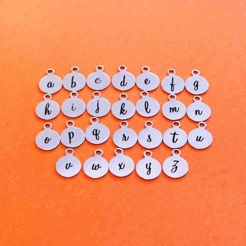 Stainless Steel Letter Charms - Full Alphabet 26 Letters - Lowercase Script Alphabet - 13mm With Loop - ALPHA1600BFS